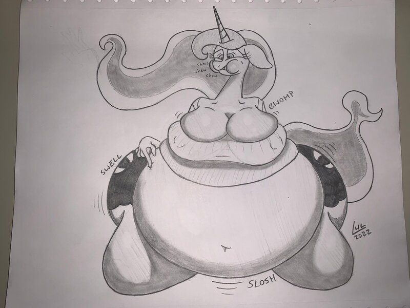 Size: 2048x1536 | Tagged: questionable, artist:lukewarmluke, derpibooru import, princess luna, belly, belly inflation, big belly, big breasts, bloated, blueberry inflation, both cutie marks, breasts, butt, butt expansion, chewing gum, ethereal mane, growth, huge belly, huge breasts, huge butt, image, impossibly large butt, jpeg, large belly, large butt, onomatopoeia, slosh, solo, swelling, traditional art, wide hips