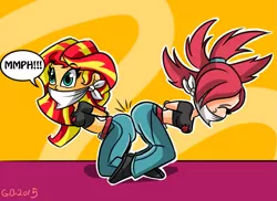 Size: 1157x843 | Tagged: safe, artist:gaggeddude32, derpibooru import, sunset shimmer, equestria girls, bondage, butt bump, butt to butt, butt touch, cloth gag, crossover, eyes closed, flannery, gag, image, midriff, muffled moaning, muffled words, png, pokémon, rope, rope bondage, surprised, tied up