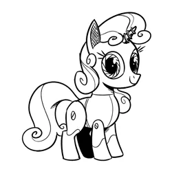 Size: 871x856 | Tagged: safe, artist:mellodillo, derpibooru import, sweetie belle, pony, robot, robot pony, unicorn, aperture iris, black and white, female, filly, foal, grayscale, image, lineart, looking at you, monochrome, png, simple background, smiling, smiling at you, solo, sweetie bot, white background