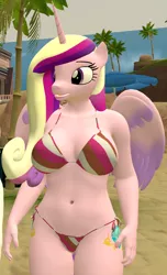 Size: 1194x1965 | Tagged: safe, artist:papadragon69, derpibooru import, princess cadance, alicorn, anthro, pony, 3d, beach, belly button, bikini, bikini bottom, bikini top, breasts, busty princess cadance, clothes, female, image, mare, png, source filmmaker, swimsuit