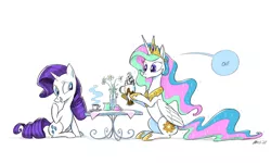Size: 2000x1200 | Tagged: safe, artist:mellodillo, derpibooru import, princess celestia, rarity, alicorn, pony, unicorn, coffee, coffee cup, cup, cute, cutelestia, date, female, food, frappuccino, grin, hoof hold, image, lesbian, mare, png, rarilestia, shipping, simple background, sitting, smiling, speech bubble, stifling laughter, sugarcube, whipped cream, white background