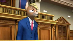 Size: 3840x2160 | Tagged: safe, artist:antonsfms, derpibooru import, oc, oc:nickyequeen, unofficial characters only, anthro, donkey, 3d, ace attorney, alternate universe, anthro oc, badge, banner, clothes, commission, commissioner:nickyequeen, court, courtroom, crossover, desk, donkey oc, formal attire, formal wear, high res, image, image set, male, necktie, phoenix wright, png, slouching, solo, source filmmaker, suit