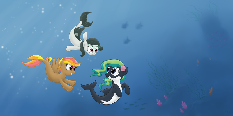 Size: 3464x1732 | Tagged: safe, artist:kalyandra, derpibooru import, oc, unofficial characters only, fish, hybrid, merpony, orca, orca pony, original species, pegasus, seapony (g4), bubble, crepuscular rays, dorsal fin, female, fish tail, flowing mane, flowing tail, glasses, green mane, image, looking at each other, looking at someone, ocean, open mouth, png, purple eyes, seaponified, seashell, smiling, species swap, sunlight, swimming, tail, underwater, water, wings