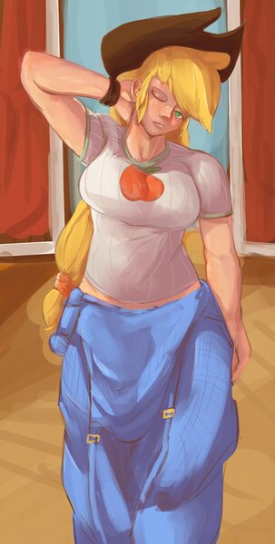 Size: 922x1823 | Tagged: safe, artist:applephil, derpibooru import, applejack, human, arm behind head, barn, breasts, busty applejack, clothes, female, humanized, image, jpeg, one eye closed, overalls, solo