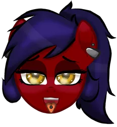 Size: 2600x2800 | Tagged: safe, artist:horsesrnaked, derpibooru import, oc, oc:fluffycuffs, earth pony, pony, bedroom eyes, blushing, ear blush, eyebrows, face, image, piercing, png, ponytail, promo, solo, tongue out, tongue piercing