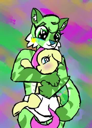 Size: 922x1280 | Tagged: safe, artist:duckchip, derpibooru import, oc, oc:silky sweet, anthro, big cat, pegasus, tiger, colorful, crying, diaper, doodle, embrace, female, hug, image, jpeg, love, mother and child, mother and daughter, plushie, shiny eyes, simple background, sketch, tears of joy, teary eyes