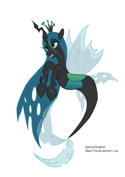 Size: 2059x2912 | Tagged: safe, artist:dalia1784, derpibooru import, queen chrysalis, changeling, hybrid, pony, seapony (g4), clothes, colored pupils, crown, dorsal fin, female, fin wings, fins, fish tail, flowing mane, green eyes, green mane, grin, horn, image, jewelry, lidded eyes, mare, png, regalia, seaponified, see-through, simple background, smiling, solo, species swap, tail, teeth, transparent background, wings