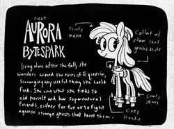 Size: 2216x1651 | Tagged: safe, artist:jimmyjamno1, derpibooru import, oc, oc:aurora bytespark, unofficial characters only, earth pony, pony, black and white, female, grayscale, image, jpeg, mare, monochrome, smiling, solo, text