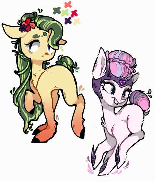 Size: 864x1012 | Tagged: safe, artist:ryrxian, derpibooru import, oc, unofficial characters only, earth pony, pony, duo, earth pony oc, flower, flower in hair, grin, image, png, raised hoof, simple background, smiling, white background