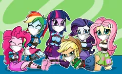 Size: 1315x799 | Tagged: safe, artist:gaggeddude32, derpibooru import, applejack, fluttershy, pinkie pie, rainbow dash, rarity, twilight sparkle, equestria girls, angry, arm behind back, bondage, bound and gagged, bound together, cloth gag, clothes, eyes closed, gag, glare, happy, help, image, looking at you, mane six, png, rope, rope bondage, sad, scared, struggling, tied up, varying degrees of want, worried