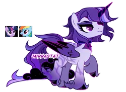 Size: 1280x938 | Tagged: safe, artist:mirrastat, derpibooru import, oc, alicorn, pegasus, pony, alicorn oc, base used, colored wings, feathered fetlocks, female, horn, image, magical lesbian spawn, male, mare, offspring, parent:rainbow dash, parent:twilight sparkle, parents:twidash, png, raised hoof, simple background, stallion, transparent background, two toned wings, unshorn fetlocks, wings