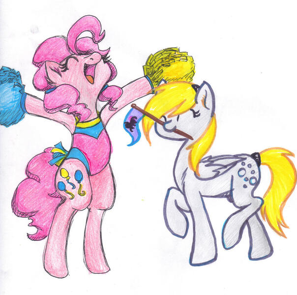 Size: 1024x1018 | Tagged: safe, derpibooru import, derpy hooves, pinkie pie, earth pony, pegasus, pony, black outlines, cheering, cheerleader, cheerleader outfit, clothes, colored lineart, flag, flag waving, image, jpeg, pom pom, traditional art