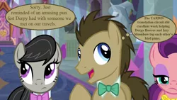 Size: 1280x720 | Tagged: safe, derpibooru import, edit, edited screencap, screencap, octavia melody, spoiled rich, pony, a horse shoe-in, bowtie, doctor who, image, implied derpy, implied izzy moonbow, implied language drift, png, school of friendship, speech, speech bubble, talking, thought bubble, trio
