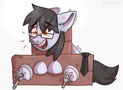 Size: 1280x931 | Tagged: suggestive, artist:freak-side, derpibooru import, oc, oc:silver bristle, unofficial characters only, earth pony, pony, blushing, bondage, electric toothbrush, fetish, floppy ears, glasses, hoof tickling, image, jpeg, laughing, looking at something, male, necktie, shrunken pupils, simple background, solo, stocks, tickle fetish, tickle torture, tickling, white background