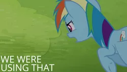 Size: 1280x720 | Tagged: safe, derpibooru import, edit, edited screencap, editor:quoterific, screencap, rainbow dash, pegasus, pony, rainbow falls, season 4, female, flying, image, jpeg, mare, open mouth, solo, spread wings, text, wings