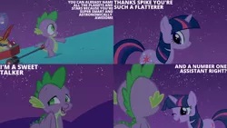 Size: 1280x720 | Tagged: safe, derpibooru import, edit, edited screencap, editor:quoterific, screencap, spike, twilight sparkle, dragon, pony, unicorn, owl's well that ends well, season 1, duo, female, image, jpeg, male, mare, night, one eye closed, open mouth, open smile, smiling, text, unicorn twilight, wagon, wink