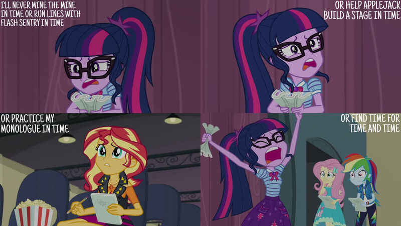 Size: 1280x720 | Tagged: safe, derpibooru import, edit, edited screencap, editor:quoterific, screencap, fluttershy, rainbow dash, sci-twi, sunset shimmer, twilight sparkle, equestria girls, equestria girls series, stressed in show, bowtie, clothes, cutie mark, cutie mark on clothes, eyes closed, female, food, geode of empathy, geode of fauna, geode of super speed, geode of telekinesis, glasses, hairpin, hoodie, image, jewelry, jpeg, leather vest, magical geodes, necklace, open mouth, pencil, ponytail, popcorn, text, vest