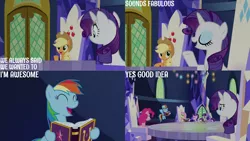 Size: 1280x720 | Tagged: safe, derpibooru import, edit, edited screencap, editor:quoterific, screencap, applejack, fluttershy, pinkie pie, rainbow dash, rarity, starlight glimmer, twilight sparkle, twilight sparkle (alicorn), alicorn, earth pony, pegasus, pony, unicorn, fame and misfortune, season 7, ^^, applejack's hat, book, cowboy hat, cute, cutie map, dashabetes, eyes closed, female, flying, hat, image, mane six, mare, open mouth, open smile, png, smiling, spread wings, text, twilight's castle, wings