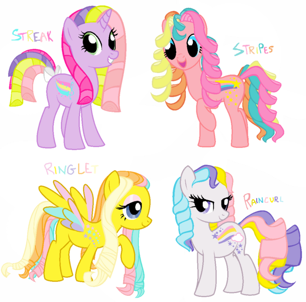 Size: 1120x1105 | Tagged: safe, artist:shokka-chan, derpibooru import, raincurl, ringlet (g1 rainbow curl), stripes (g1), earth pony, pegasus, pony, unicorn, bow, colored wings, eyeshadow, g1, g1 to g4, g4, generation leap, happy, image, long mane, makeup, multicolored hair, multicolored wings, png, rainbow, rainbow curl pony, rainbow hair, ringlets, simple background, streak, tail, tail bow, transparent background, wings