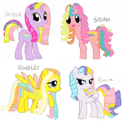 Size: 1120x1105 | Tagged: safe, artist:shokka-chan, derpibooru import, raincurl, ringlet (g1 rainbow curl), stripes (g1), earth pony, pegasus, pony, unicorn, bow, colored wings, eyeshadow, g1, g1 to g4, g4, generation leap, happy, image, long mane, makeup, multicolored hair, multicolored wings, png, rainbow, rainbow curl pony, rainbow hair, ringlets, simple background, streak, tail, tail bow, transparent background, wings