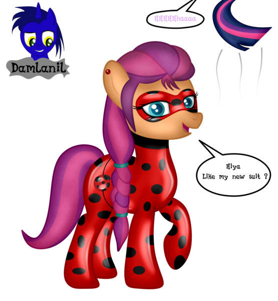 Size: 3840x4154 | Tagged: safe, artist:damlanil, derpibooru import, sunny starscout, twilight sparkle, earth pony, pony, bodysuit, catsuit, clothes, comic, cosplay, costume, cute, female, g5, image, ladybug (miraculous ladybug), latex, latex suit, looking at you, mare, miraculous ladybug, png, ponytail, raised hoof, rubber, shiny, simple background, smiling, solo, suit, talking to viewer, text, transparent background, vector