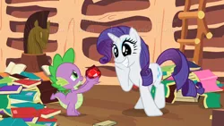 Size: 1280x720 | Tagged: safe, derpibooru import, screencap, rarity, spike, dragon, pony, unicorn, season 2, secret of my excess, book, cute, dilated pupils, duo, female, fire ruby, gem, golden oaks library, image, library, male, mare, png, raribetes, ruby, shipping fuel, smiling