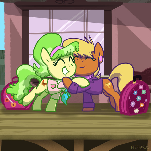 Size: 2048x2048 | Tagged: safe, artist:pfeffaroo, derpibooru import, chickadee, ms. harshwhinny, ms. peachbottom, earth pony, pony, duo, hug, image, jpeg, smiling