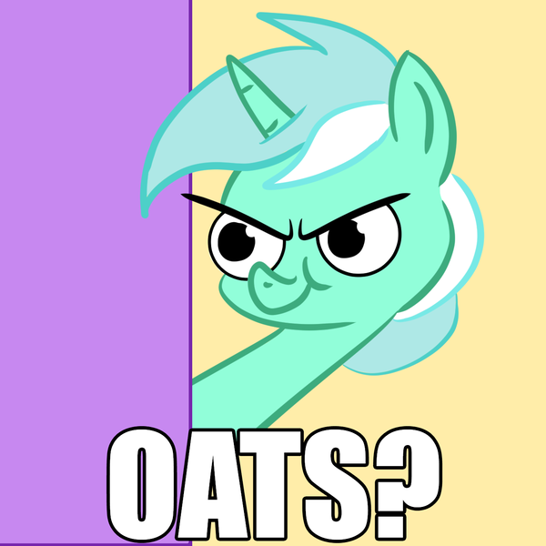 Size: 1298x1298 | Tagged: safe, artist:velgarn, derpibooru import, lyra heartstrings, pony, unicorn, big eyes, caption, food, image, image macro, meme, mischievous, oats, png, simple background, smug, solo, text, tom and jerry