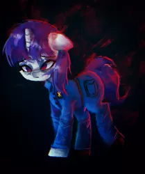 Size: 901x1080 | Tagged: safe, artist:menalia, derpibooru import, oc, oc:quiet destiny, unofficial characters only, pony, unicorn, badge, clothes, dark background, female, floppy ears, horn, image, mare, pants, png, police, sad, shirt, shoes, tired