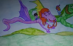 Size: 1280x818 | Tagged: safe, artist:dex stewart, derpibooru import, scootaloo, spike, steven magnet, oc, unnamed oc, anthro, dragon, pegasus, pony, dragon oc, image, jpeg, traditional art, wings