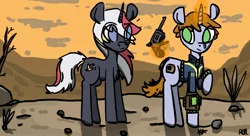 Size: 1980x1080 | Tagged: safe, derpibooru import, oc, oc:littlepip, oc:velvet remedy, unofficial characters only, pony, unicorn, fallout equestria, clothes, female, females only, gun, handgun, image, jpeg, jumpsuit, little macintosh, pipbuck, revolver, vault suit, weapon