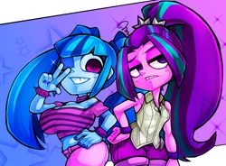Size: 2094x1543 | Tagged: safe, artist:kyouman1010, derpibooru import, aria blaze, sonata dusk, equestria girls, alternate hairstyle, big breasts, bracelet, breasts, busty sonata dusk, clothes, duo, duo female, female, grin, hairstyle swap, hand on hip, image, jpeg, lidded eyes, looking at you, one eye closed, peace sign, smiling, sparkles, spiked wristband, stars, wink, winking at you, wristband