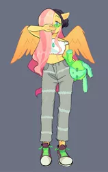 Size: 1345x2124 | Tagged: safe, artist:stevetwisp, derpibooru import, fluttershy, anthro, pegasus, rabbit, alternate hairstyle, animal, beanie, belly button, blue background, bubblegum, clothes, converse, cute, female, food, gum, hair over one eye, hat, image, jeans, jpeg, midriff, pants, plushie, ripped jeans, ripped pants, shoes, short shirt, shyabetes, simple background, solo, sunglasses, torn clothes, toy