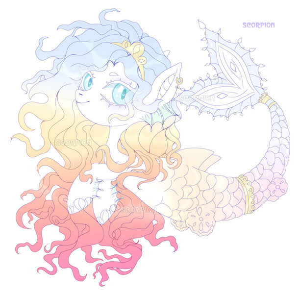 Size: 1280x1258 | Tagged: safe, artist:sscorpionsss, derpibooru import, oc, unofficial characters only, merpony, pony, seapony (g4), adoptable, crown, curly hair, dorsal fin, female, fins, fish tail, flowing mane, flowing tail, image, jewelry, jpeg, looking at you, mare, mermaid tail, multicolored hair, regalia, scales, signature, simple background, smiling, solo, tail, white background