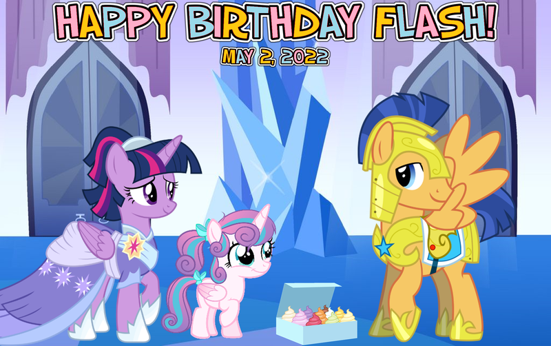 Size: 2064x1296 | Tagged: safe, artist:not-yet-a-brony, derpibooru import, flash sentry, princess flurry heart, twilight sparkle, twilight sparkle (alicorn), alicorn, pegasus, pony, 2022, aunt and niece, auntie twilight, birthday, crystal empire, cupcake, family, female, filly, foal, food, friends, friendship, honorary uncle, image, looking at each other, looking at someone, male, mare, may, png, smiling, smiling at each other, stallion, uncle flash, vincent tong, voice actor reference