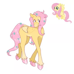 Size: 1280x1280 | Tagged: safe, artist:screechingflower, derpibooru import, fluttershy, pegasus, pony, colored hooves, female, flower, flower in hair, flower in tail, folded wings, head turned, image, long legs, looking sideways, mare, png, screencap reference, simple background, solo, standing, tail, unshorn fetlocks, white background, wings