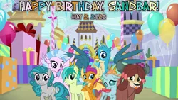 Size: 2063x1160 | Tagged: safe, artist:not-yet-a-brony, derpibooru import, gallus, ocellus, sandbar, silverstream, smolder, swift foot, yona, changeling, dragon, earth pony, gryphon, hippogriff, yak, 2022, balloon, birthday, birthday party, friends, friendship, image, may, party, png, present, student six, thracian, vincent tong, voice actor reference