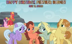 Size: 2064x1273 | Tagged: safe, artist:not-yet-a-brony, derpibooru import, big macintosh, dear darling, feather bangs, fond feather, sugar belle, swoon song, earth pony, pegasus, unicorn, hard to say anything, 2022, beach, bimbettes, birthday, feather bangs gets all the mares, female, image, male, may, ocean, png, shipping, straight, sugarmac, vincent tong, voice actor reference, water