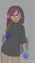 Size: 1080x1920 | Tagged: safe, artist:metaruscarlet, derpibooru import, oc, oc:cupcake splatter, unofficial characters only, human, fanfic:cupcakes, fanfic:rainbow factory, bandage, breasts, choker, clothes, ear piercing, earring, eyebrow piercing, eyeshadow, fanfic art, female, gloves, gray background, hoodie, humanized, humanized oc, image, jewelry, magical lesbian spawn, makeup, multicolored hair, nose piercing, nose ring, offspring, open mouth, parent:pinkie pie, parent:rainbow dash, parents:pinkiedash, piercing, png, rainbow hair, scalpel, simple background, solo, winged humanization, wings