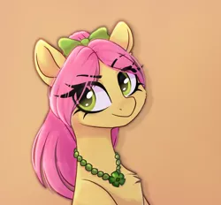 Size: 1280x1188 | Tagged: safe, artist:_alixxie_, derpibooru import, posey (g5), earth pony, pony, bow, bust, chest fluff, eye clipping through hair, female, g5, gradient background, hair bow, image, jewelry, looking at you, mare, necklace, png, portrait, solo, three quarter view