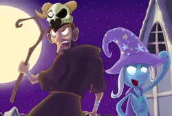 Size: 1280x863 | Tagged: artist needed, source needed, safe, artist:coffeebanana, derpibooru import, trixie, human, pony, unicorn, cape, clothes, crossover, duo, female, full moon, hat, image, jpeg, magic, male, merasmus, moon, night, ponyville, skull, staff, team fortress 2, town, trixie's cape, trixie's hat, unamused