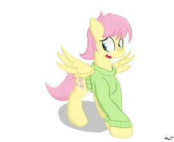 Size: 1284x1047 | Tagged: safe, artist:ricy, derpibooru import, fluttershy, pegasus, butterscotch, clothes, crossed hooves, cute, image, looking away, open mouth, png, rule 63, shy, shyabetes, solo, spread wings, sweater, tail, wings