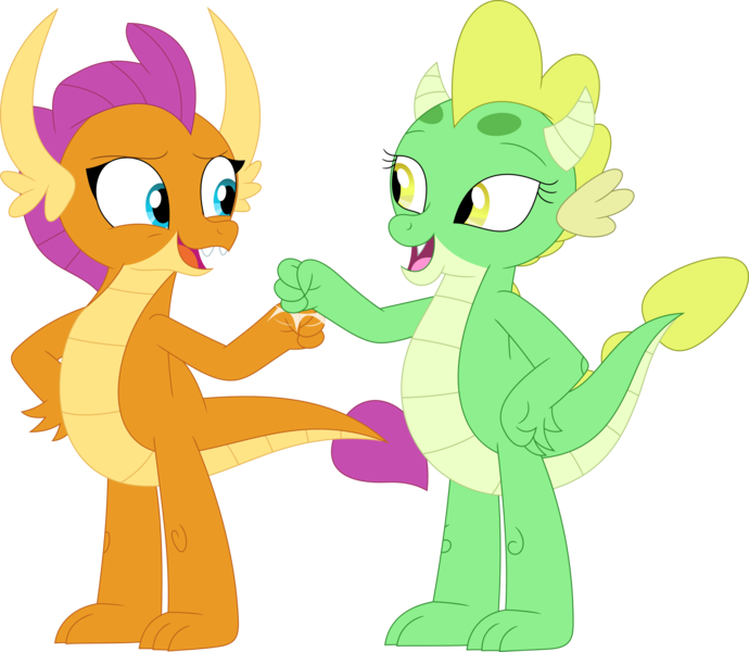 Size: 3560x3094 | Tagged: safe, artist:porygon2z, derpibooru import, smolder, oc, oc:jade, dragon, dragoness, duo, duo female, female, fist bump, image, png, simple background, transparent background