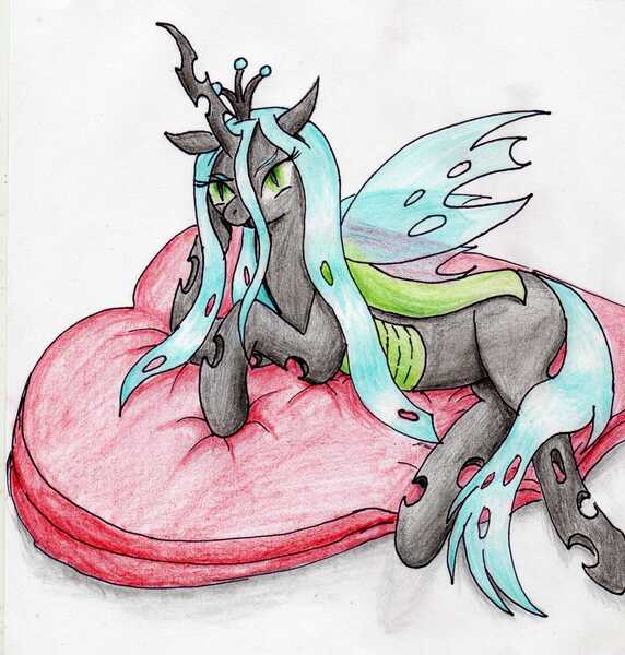 Size: 3273x3433 | Tagged: safe, artist:40kponyguy, derpibooru import, queen chrysalis, changeling, changeling queen, canterlot wedding 10th anniversary, crown, cushion, derpibooru exclusive, female, image, jewelry, jpeg, looking at you, lying down, regalia, simple background, solo, traditional art