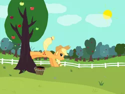 Size: 1600x1200 | Tagged: safe, artist:gilo, derpibooru import, applejack, earth pony, pony, applebucking, applejack mid tree-buck with 3 apples falling down, farm, image, kicking, outdoors, png, smiling, solo, tree
