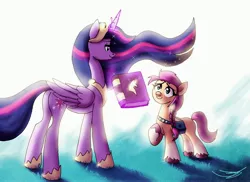 Size: 4096x2978 | Tagged: safe, artist:ringteam, derpibooru import, princess twilight 2.0, sunny starscout, twilight sparkle, twilight sparkle (alicorn), alicorn, the last problem, book, book of harmony, g4, g4 to g5, g5, generation leap, image, jpeg, looking at each other, older, older twilight, smiling, smiling at each other, sunny and her heroine