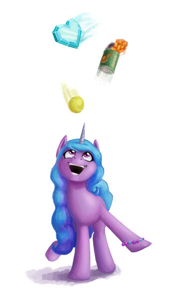 Size: 1024x1792 | Tagged: safe, artist:sa1ntmax, derpibooru import, izzy moonbow, pony, unicorn, ball, crystal heart, female, g5, image, izzy's beans, izzy's tennis ball, jpeg, juggling, mare, open mouth, raised leg, simple background, solo, tennis ball, white background