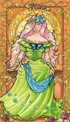 Size: 2064x3591 | Tagged: safe, artist:dandy, derpibooru import, fluttershy, butterfly, human, insect, clothes, dress, female, flower, flower in hair, gala dress, high res, humanized, image, leaves, marker drawing, modern art, nouveau, png, signature, sitting, solo, traditional art