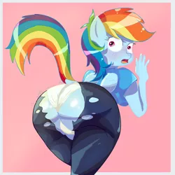 Size: 3000x3000 | Tagged: suggestive, artist:maldoando, derpibooru import, rainbow dash, anthro, ass, butt, clothes, embarrassed, female, image, png, raised tail, solo, solo female, tail, torn clothes, underwear, white underwear