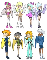 Size: 3637x4587 | Tagged: safe, artist:charrlll, derpibooru import, blossomforth, cloudchaser, daring do, derpy hooves, flitter, lightning dust, night glider, spitfire, human, bandaid, belly button, boots, bracelet, clothes, converse, dark skin, ear piercing, earring, elf ears, female, freckles, grin, hoodie, humanized, image, jewelry, kneesocks, leg warmers, midriff, necktie, pants, piercing, png, shirt, shoes, shorts, siblings, simple background, sisters, skirt, smiling, socks, sports shorts, stockings, tanktop, thigh highs, twins, uniform, wall of tags, white background, winged humanization, wings, wonderbolts dress uniform, wristband